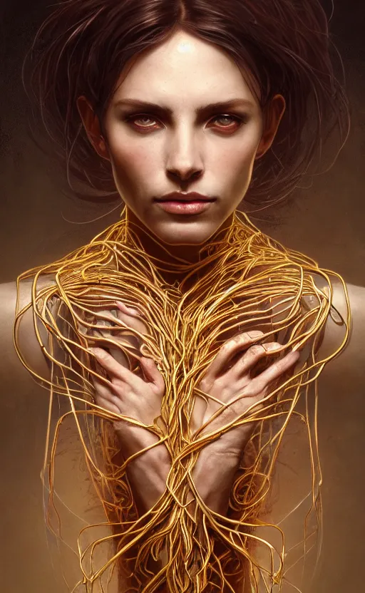 Prompt: portrait of a dark goddess, gold wires, visible veins and nerves and muscles and bones and arteries, intricate, headshot, highly detailed, digital painting, artstation, concept art, sharp focus, cinematic lighting, illustration, art by artgerm and greg rutkowski, alphonse mucha, cgsociety