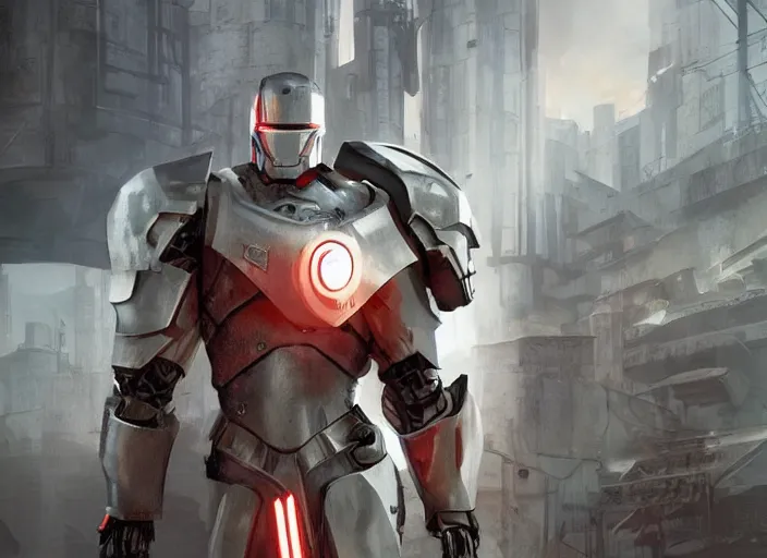 Image similar to medieval cyberpunk knight in a scenic cyberpunk environment, armor inspired by star wars and iron man, cybernetic implants, beautiful digital art, action pose, epic lighting, epic composition, sharp focus