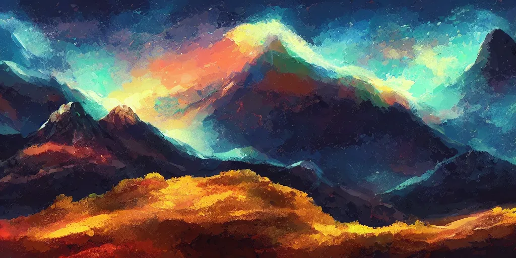 Prompt: willem dafoe, mountain landscape, night sky, digital art, digital painting, celestial, majestic, colorful