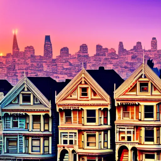 Image similar to a photograph of the painted ladies in san francisco at sunset with bokeh effect high definition