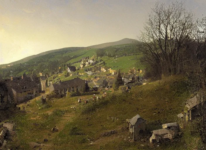 Prompt: from an upstairs window, looking up steep slope, road to church atop hill, playing fields to the right, small stone buildings, carl spitzweg, david curtis, morgan weistling, jim beckner, michael alford, craig mullins, jeremy mann