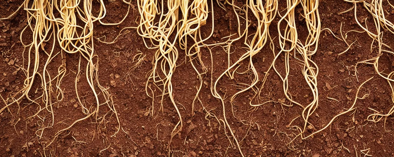 Image similar to roots made of spaghetti, growing from the dirt, kodachrome, in the style of wes anderson, retro