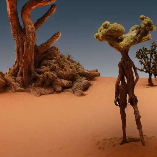 Prompt: a titanic treant walking in the desert. figure in the foreground. cinematic. epic. highly detailed. octane render.