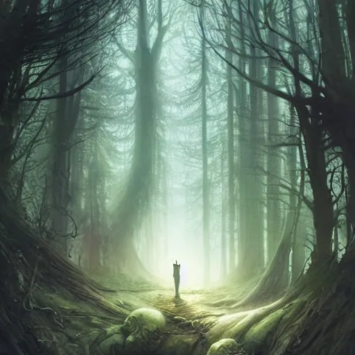 Image similar to highly detailed creepy forest humanoide creature, stephen bliss, unreal engine, fantasy art by greg rutkowski, loish, rhads, ferdinand knab, makoto shinkai and lois van baarle, ilya kuvshinov, rossdraws, tom bagshaw, global illumination, radiant light, detailed and intricate environment