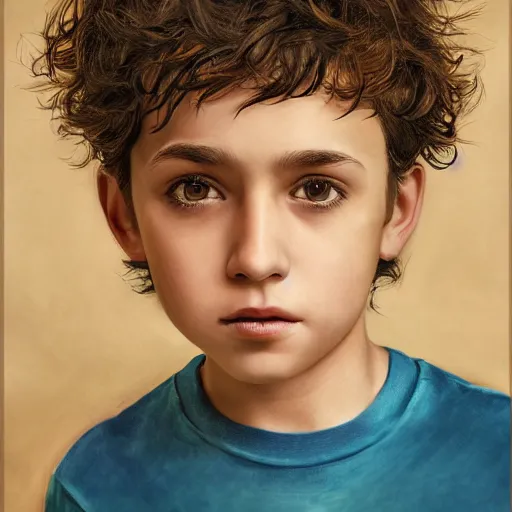 Image similar to a detailed portrait of a ten year old boy, he has short curly brown hair, brown eyes and white skin, fantasy art illustration, incredibly highly detailed and realistic, 8 k, sharp focus