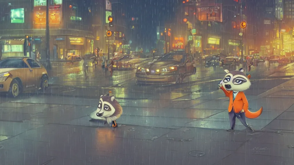 Image similar to A cute anthropomorphic raccoon businessman is walking down a busy crosswalk at in the rain at night, warm lighting with an orange glow blanketing the cityscape from the city lights, zootopia, other anthropomorphic characters are walking by him, extremely detailed, HDR, sideview, solemn and moody, many cars and animal people in the background, detailed face and eyes, large eyes with visible pupils, the road is wet with many rain puddles, reflections from the water on the ground, he is carrying a black briefcase