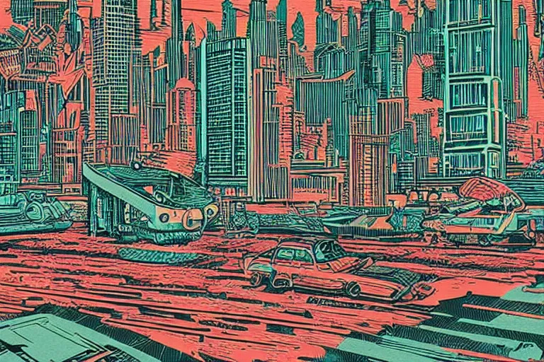 Image similar to a colorful woodcut print of a retro futuristic city, trending on artstation