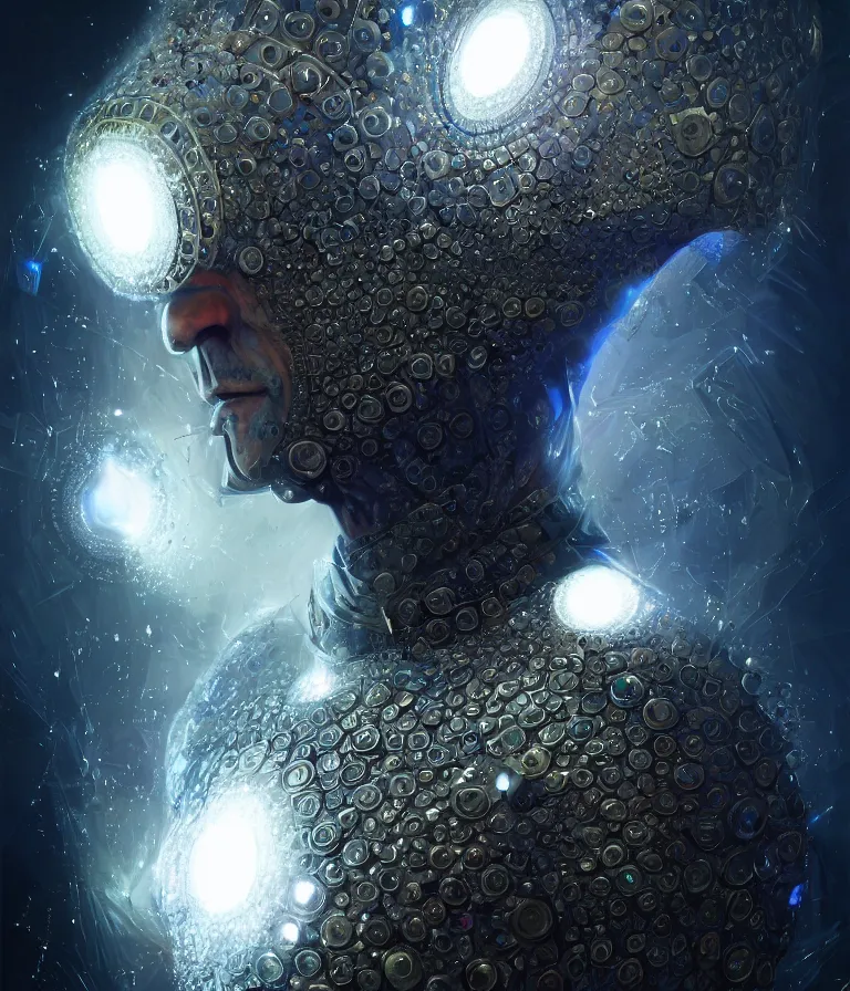 Image similar to front!!! shot of a court jester!!! character, mesmerizing fractal hypercubes, platinum cracked, dark holography!!!, future, metallic galactic, crystalline edges, polygonal, elegant, highly detailed, centered, (((artstation, concept art, jagged, sharp focus, artgerm, Tomasz Alen Kopera, Peter Mohrbacher, donato giancola, Joseph Christian Leyendecker, WLOP, Boris Vallejo))), ((raytracing)), mugshot!!!!!, ugly!!!!!!, octane render, nvidia raytracing demo, octane render, nvidia raytracing demo, octane render, nvidia raytracing demo, 8K