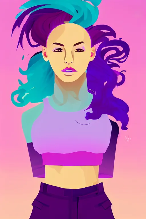 Image similar to a award winning half body portrait of a beautiful woman in a croptop and cargo pants with ombre purple pink teal hairstyle with head in motion and hair flying, outrun, vaporware, flat illustration, digital art, trending on artstation, highly detailed, fine detail, intricate