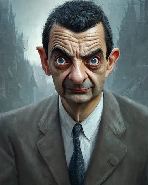 Image similar to mr. bean, hyper realistic face, beautiful eyes, fantasy art, in the style of greg rutkowski, intricate, hyper detailed, smooth