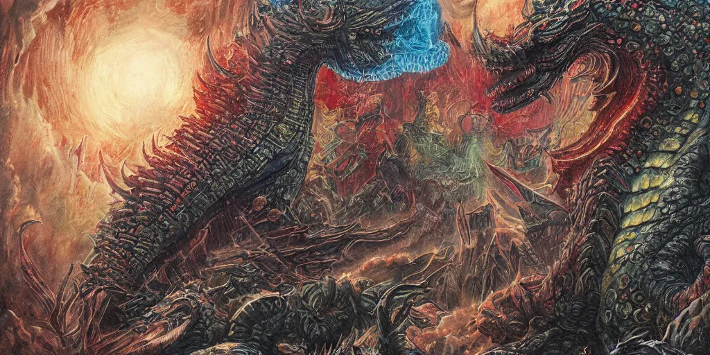 Image similar to rainbow paper + tarot card + Giant Muscular Godzilla wearing Samurai outfit, vintage detailed fantasy illustration painted by Dan Witz, Artgerm, Eldritch, John Howe + intricate ink illustration, ornate, highly detailed + digital painting + 4k + HDR + concept art, smooth, sharp focus, psychedelic black light style + symmetry + bloodborne + trending on artstation