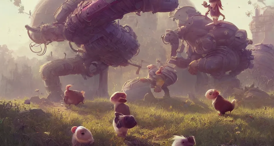 Prompt: hyper realistic cute guineapigs everywhere, by simon stalenhag, frank frazetta, greg rutkowski, beeple, yoko taro, christian macnevin, wlop and krenz cushart, epic fantasy character art, volumetric outdoor lighting, midday, high fantasy, cgsociety, cheerful colours, full length, exquisite detail, post - processing, masterpiece, cinematic