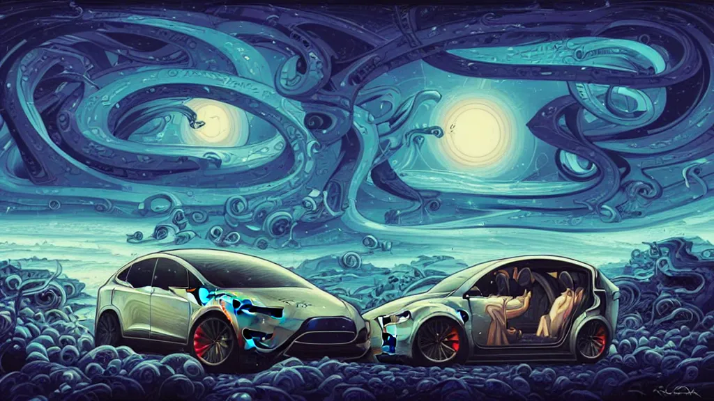 Image similar to a tesla model x by cyril rolando and naomi okubo and dan mumford and ricardo bofill. lovecraft. lovecraftian. starry night swirly sky.