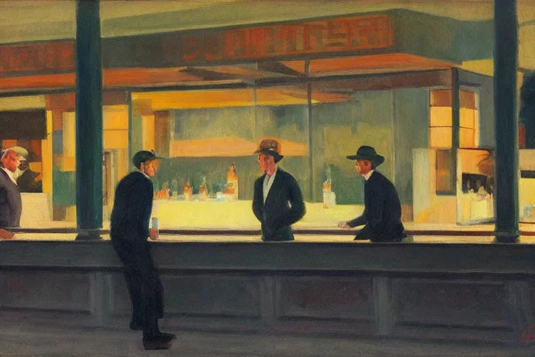 Image similar to mid - thirties guys binge drinking in front of a lake, in the style of edward hopper