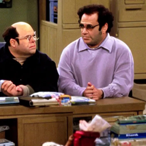 Image similar to George Costanza on Seinfeld selling a big bag of weed, smoking a joint