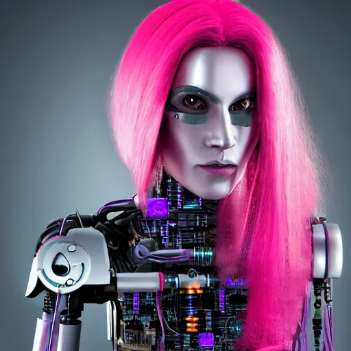 Prompt: portrait of a mexican woman with pink hair as a cyberpunk cyborg half robot, revealing wires and electronics, circuit boards, wire management, sci - fi, missing panels, intricate abstract upper body intricate artwork, concept art, octane render, deviantart, cinematic, key art, hyperrealism, iridescent accents, portrait photograph, nikon 3 5 mm, photograph by greg rutkowski