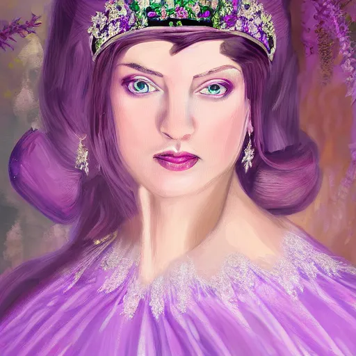 Prompt: Portarit of a princess wearing a lavanda color dress, and a tiara with emeralds,oil painting, digital art, 4k