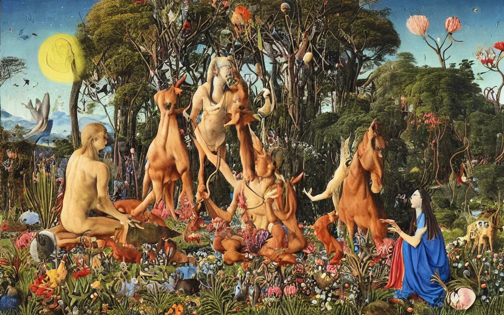 Image similar to photograph of a meditating centaur shaman and a striped catgirl feeding animals. surrounded by bulbous flowers, animals and a few trees. river delta with rock cliffs under a blue sky full of burning stars. painted by jan van eyck, max ernst, ernst haeckel, ernst fuchs and artgerm. trending on artstation, trending on cgsociety