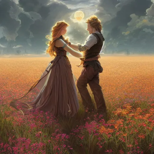 Image similar to a blonde guy and woman with brown hair hugging each other in a flower field at sundown, D&D, fantasy, intricate, elegant, highly detailed, digital painting, artstation, concept art, matte, sharp focus, illustration, hearthstone, art by Artgerm and Greg Rutkowski and Alphonse Mucha