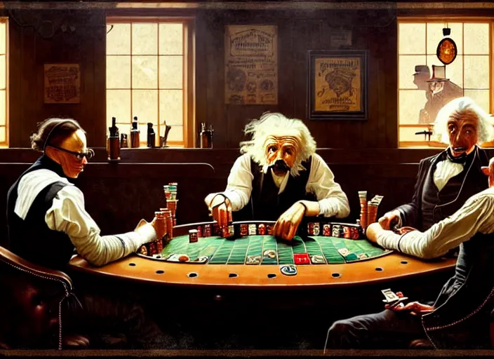 Image similar to in an old west saloon isaac newton and stephen hawkins and albert einstein playing poker, intricate, highly detailed, centered, digital painting, artstation, concept art, smooth, illustration, muted colors, art by norman rockwell and greg rutkowski and james gurney chuck close