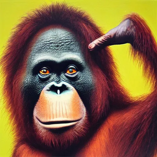 Image similar to orangutan 7 0 s progressive rock album cover, oil painting
