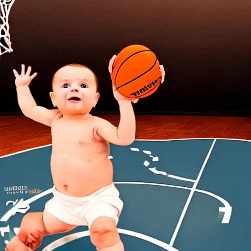 Image similar to a baby dunking a basketball, cinematic, dramatic, epic