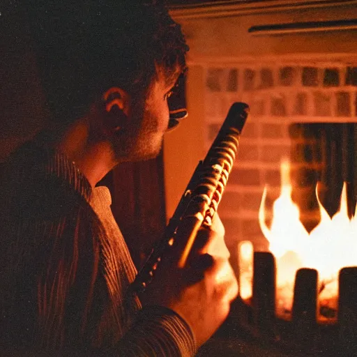 Image similar to a close up portrait of a wizard playing the flute, fireplace lighting, nighttime, kodak vision 5 0 0 t