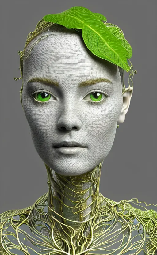 Image similar to ultra detailed complex 3d render of a beautiful porcelain profile woman face, hazel eyes, vegetal dragon cyborg, 150 mm, beautiful natural soft light, rim light, silver gold metallic details, magnolia soft lime green big leaves and stems, moss, roots, fine lace, maze like, mandelbot fractal, anatomical, facial muscles, cable wires, microchip, elegant, white metallic armour, octane render, black and white, H.R. Giger style