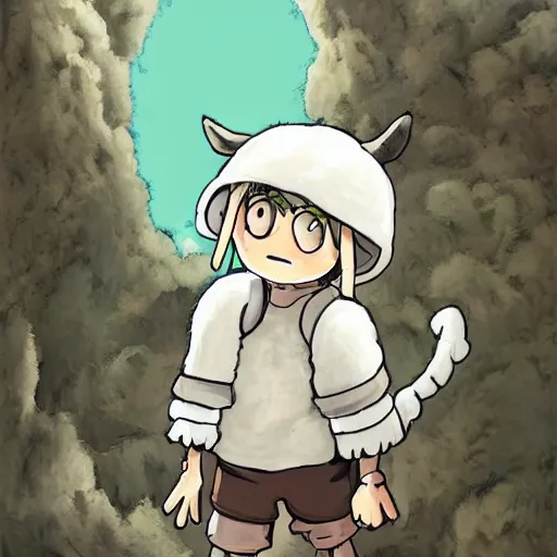 Image similar to boy wearing sheep suit, made in abyss art style