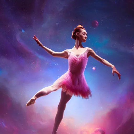 Image similar to a ballerina dancing in space, warm lighting with cool shadows, digital painting, detailed, trending on artstation, nebulas in background, expressive digital painting, in the style of dominik mayer marco bucci, gaston bussiere, and norman rockwell, beautiful nebulas in the background, 8 k, octane render