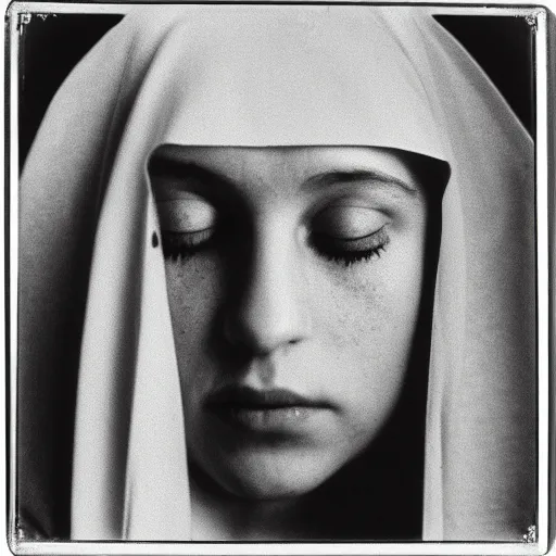 Prompt: The virgin Mary. Close-up studio portrait by Robert Mapplethorpe. Tri-x.