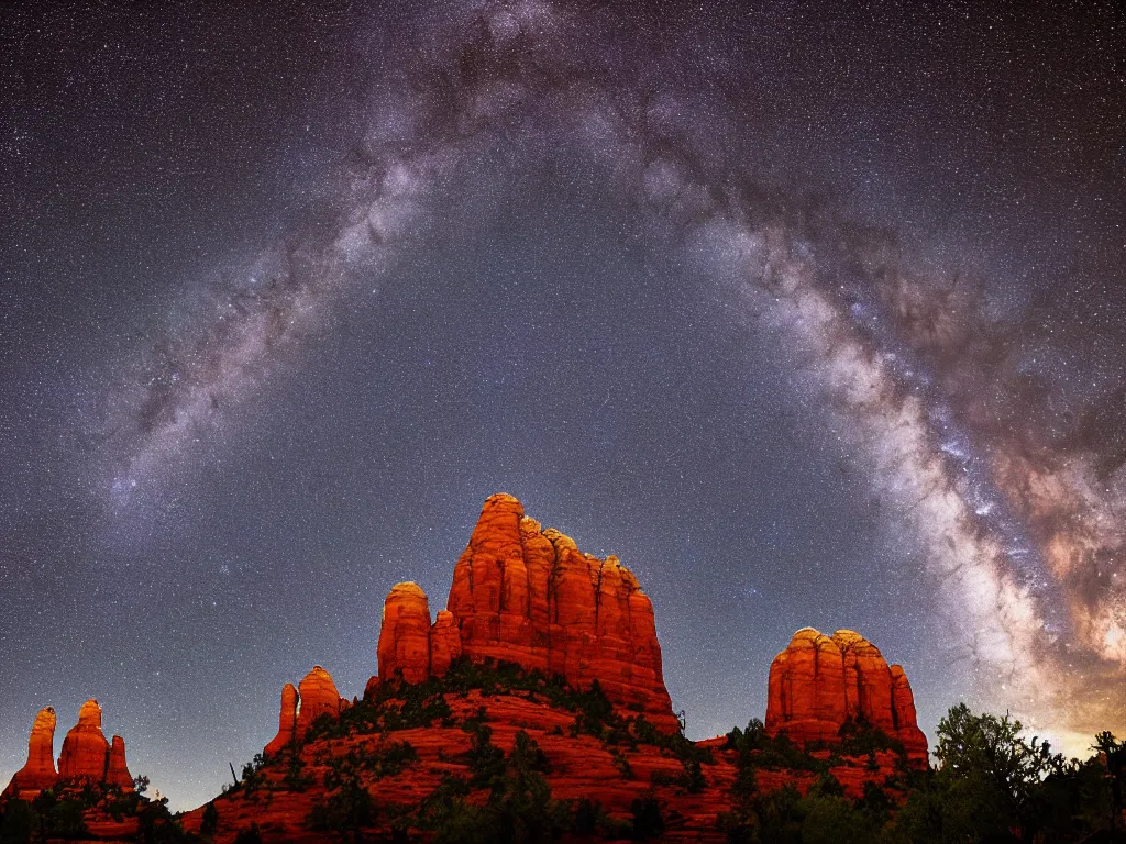 Prompt: sedona's cathedral rock bluff, night, milky way, intricate lines, elegant, extreme detail, sharp focus, photo realistic, ultra realistic, photographic