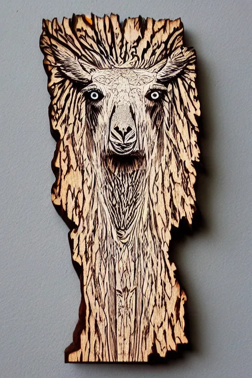 Prompt: fractal wood burning lichtenberg figure llama portrait