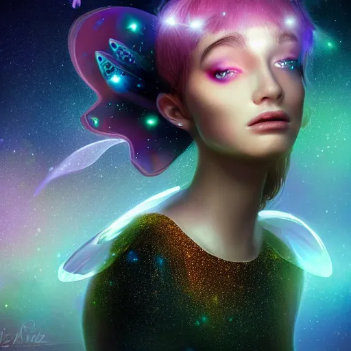 Prompt: magical fairy floating in space, epic cartoon portrait, beautiful face, stunning concept art, highly detailed, galaxy background, rendered in octane, unreal engine, trending on artstation, realistic, diviantart