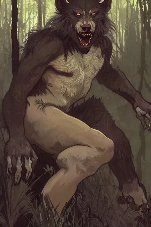 Image similar to fullbody portrait of a male werewolf, bared teeth, long claws, by greg rutkowski and alphonse mucha, gradient brown to silver, in front of a forest at night background, highly detailed portrait, digital painting, artstation, concept art, smooth, sharp focus illustration