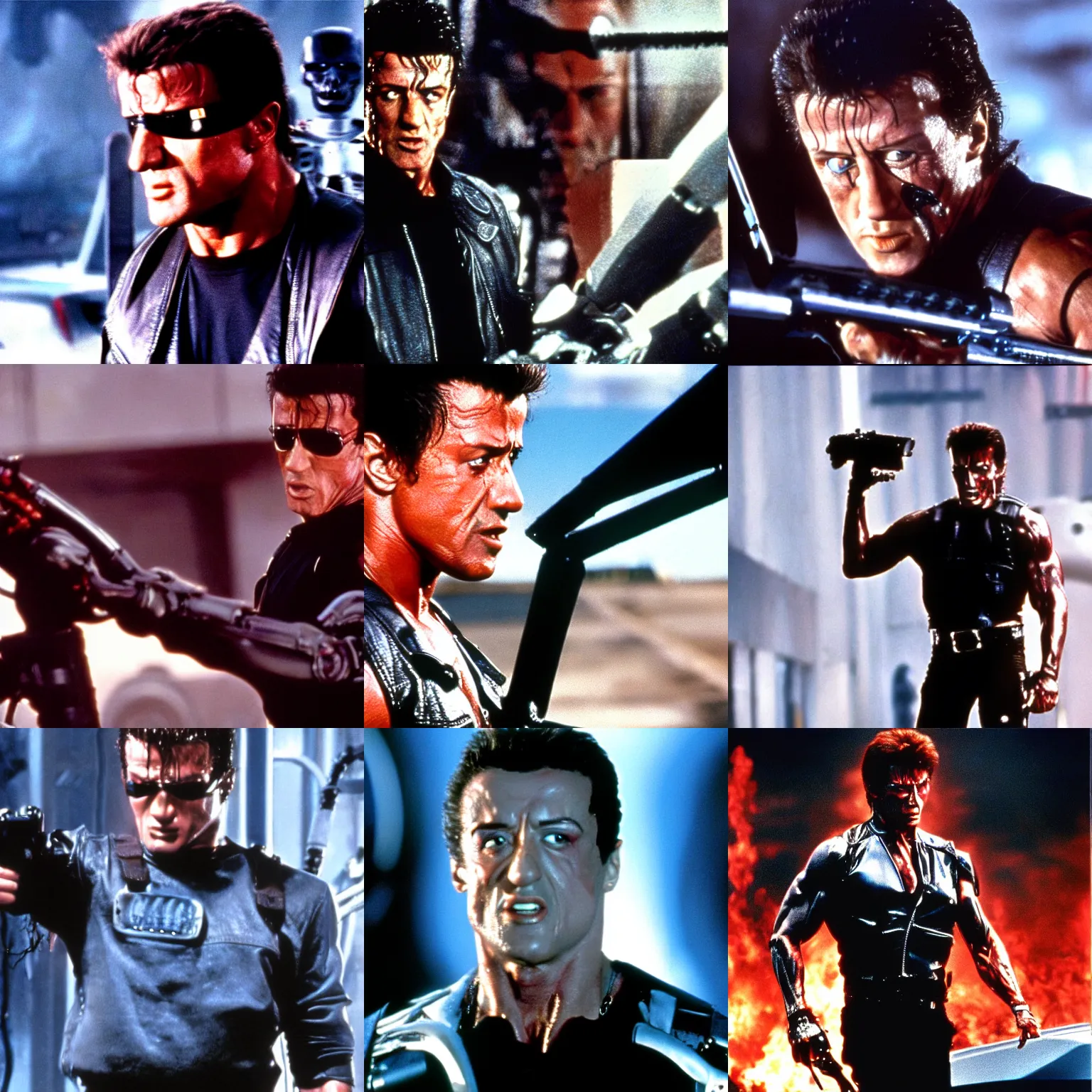 Prompt: film still of sylvester stallone as the terminator in terminator 2, imax, 4 k,