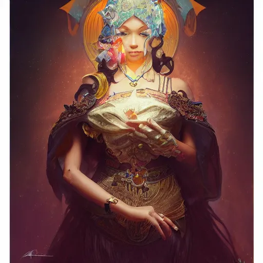 Prompt: portrait of Hello Kitty in ancient Java, D&D, MtG art,fantasy, intricate, elegant, highly detailed, digital painting, artstation, concept art, smooth, sharp focus, illustration, art by artgerm and greg rutkowski and alphonse mucha