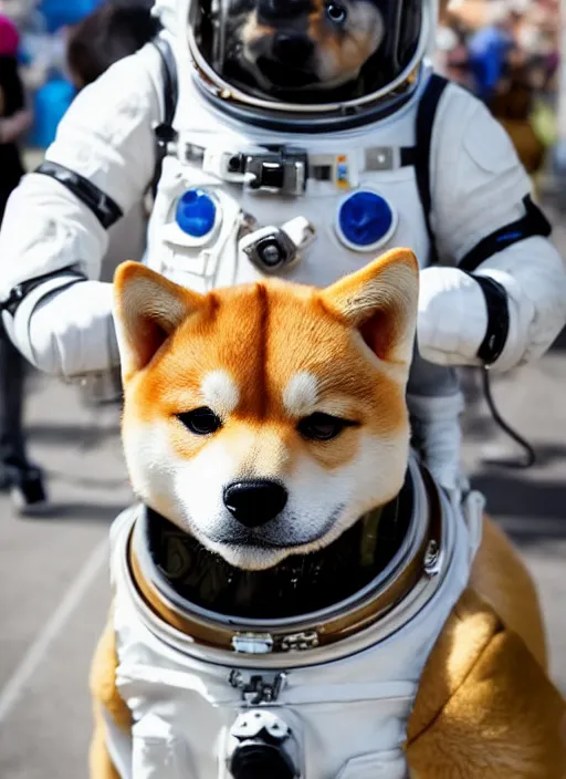 Image similar to a fantasy character with a cute shiba inu head and an astronaut body ， cinematic ， unreal 5 ， photography ， 5 5 mm ， aperture f 1. 4