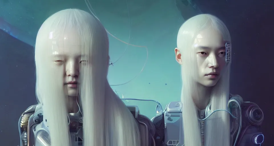 Prompt: portrait of yael shelbia and kang seul - gi, venus squid astronaut, white hair, intricate design details. cyberpunk symmetrical facial, by ruan jia and beeple. smooth gradients, deep space.