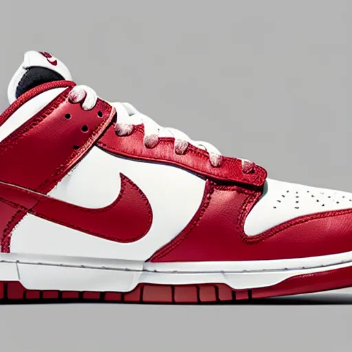 Prompt: a press photograph of nike dunk low red and white, size 1 0, white background