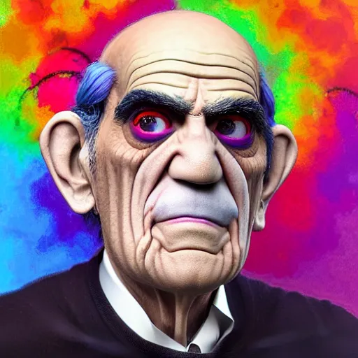 Prompt: abe vigoda looking at the camera, she has rainbow hair and a beautiful unconventional face, there is an explosion of flowers in the background, elegant, highly detailed, digital painting, artstation, realism, concept art, pop, smooth, mythological, sharp focus, qualia, illustration, art by mark ryden 3 d 8 k ultra detailed