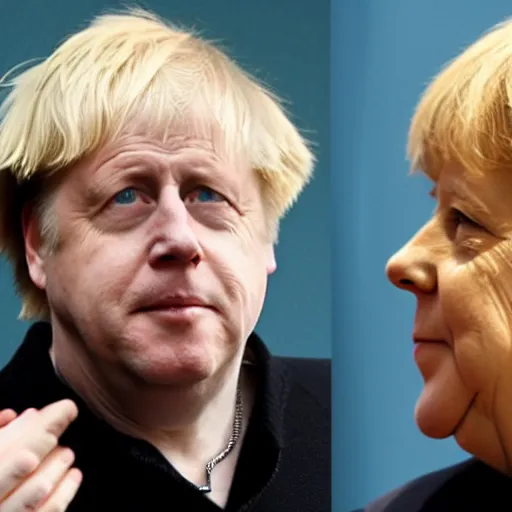 Image similar to photo of angela merkel doing the hair styleing of boris johnson