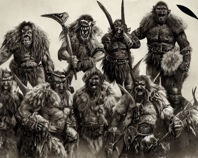 Image similar to group vintage photograph of a real fantasy warrior orc tribe, tall, muscular, sharp fangs and tusks, armored, tribal paint, highly detailed, hd, hq