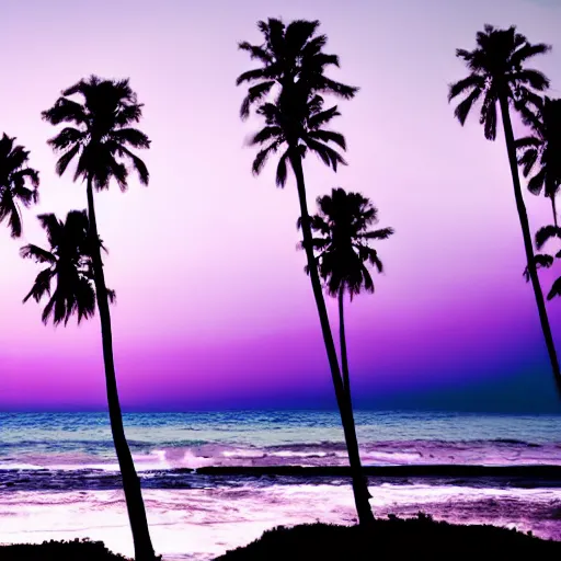 Image similar to on a beach, a dark night, faded purple light streak across the sky coming from the left down to the right, 2 skinny shadow palm trees stand in front of the purple glow in the sky, high detail
