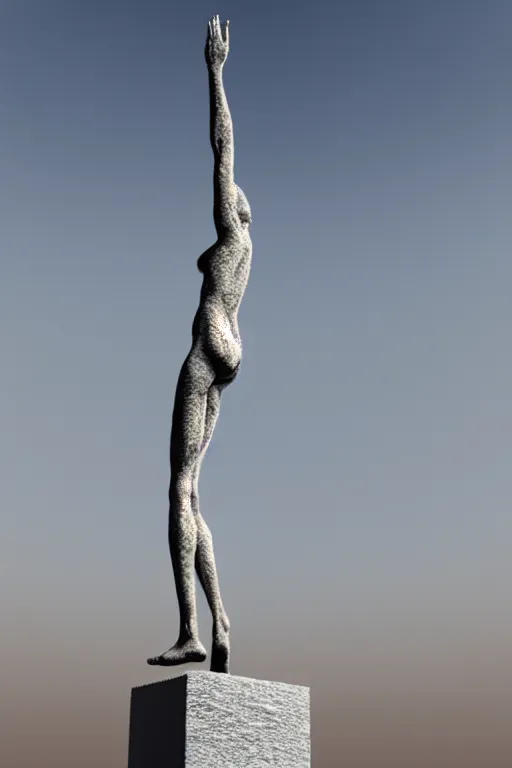 Image similar to delicate woman raising her hands looking to the sky, 3 d model statue by giacometti, intricate, highly detailed, hyper realistic, soft shadow