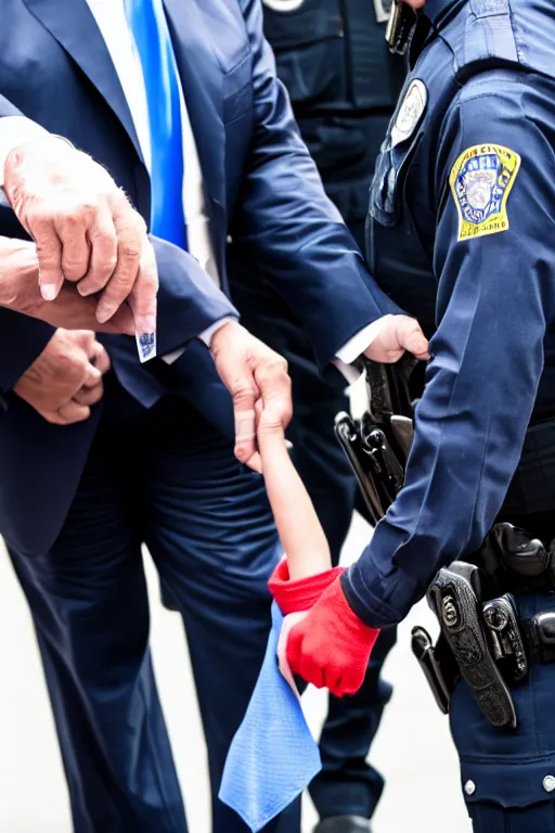 Prompt: donald trump being handcuffed by a police officer front of a police car, real life skin, intricate, high detailed, smooth, sharp focus