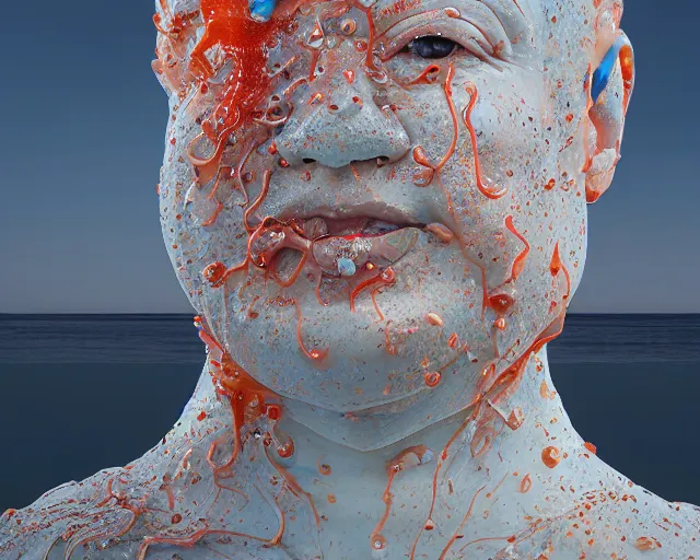 Prompt: a massive porcelain sculpture of a surreal distorted human face throwing up jelly on the ocean water, in the style of johnson tsang, lucid dream series, cinematic, hyper - realistic, very detailed, realistic water splashes, ray tracing, 8 k resolution, long - shot, sharp focus, low angle, 8 5 mm photograph, wide lens