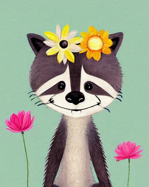 Image similar to a minimalist storybook illustration of a smiling happy cute raccoon wearing a flower crown, by antoine de saint - exupery and annabel kidston and naomi okubo and jean - baptiste monge. a child storybook illustration, muted colors, soft colors, low saturation, fine lines, white paper