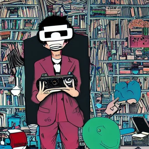 Image similar to goth computer nerd in a cluttered room wearing a vr headset, by jamie hewlett, character concept, aesthetic!!,