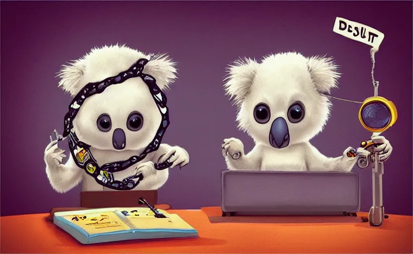 Image similar to “ cute koala with very big eyes, wearing a bandana and chain, holding a laser gun, standing on a desk, digital art, award winning, in the style of the movie madagascar ”